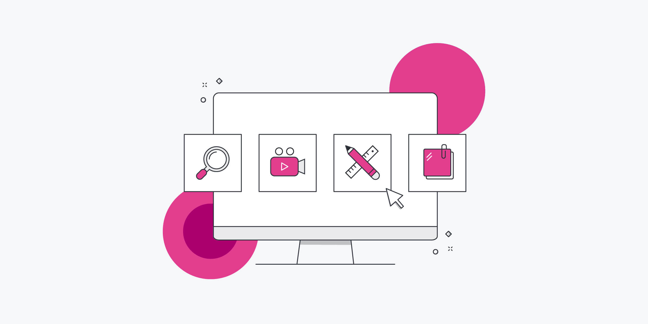 Illustration of a computer screen displaying icons for search, video, design tools, and documents.