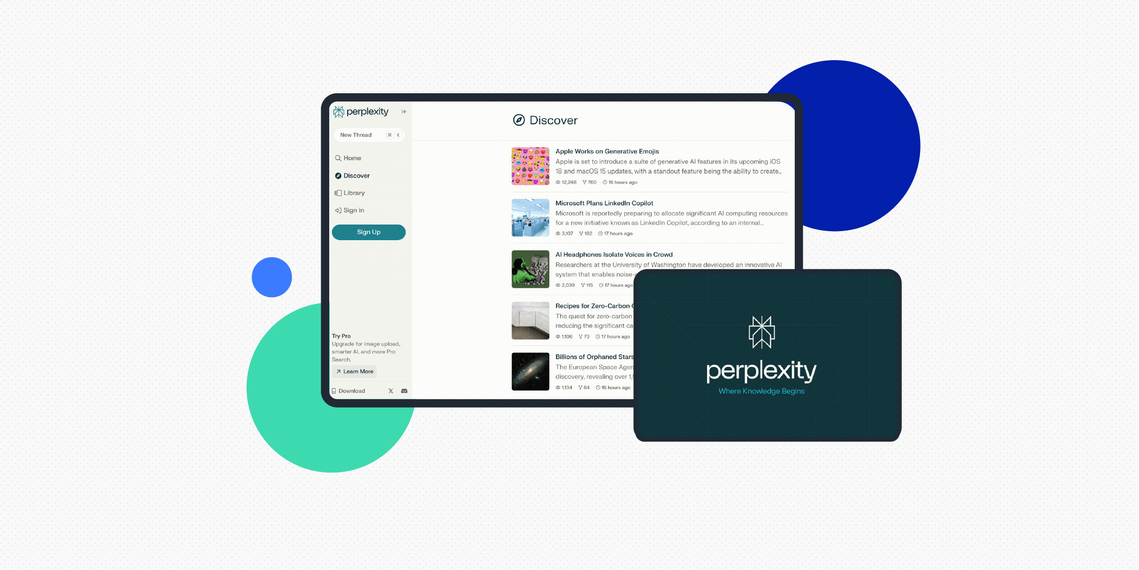 A screenshot of the Perplexity AI search engine interface is displayed on a tablet.
