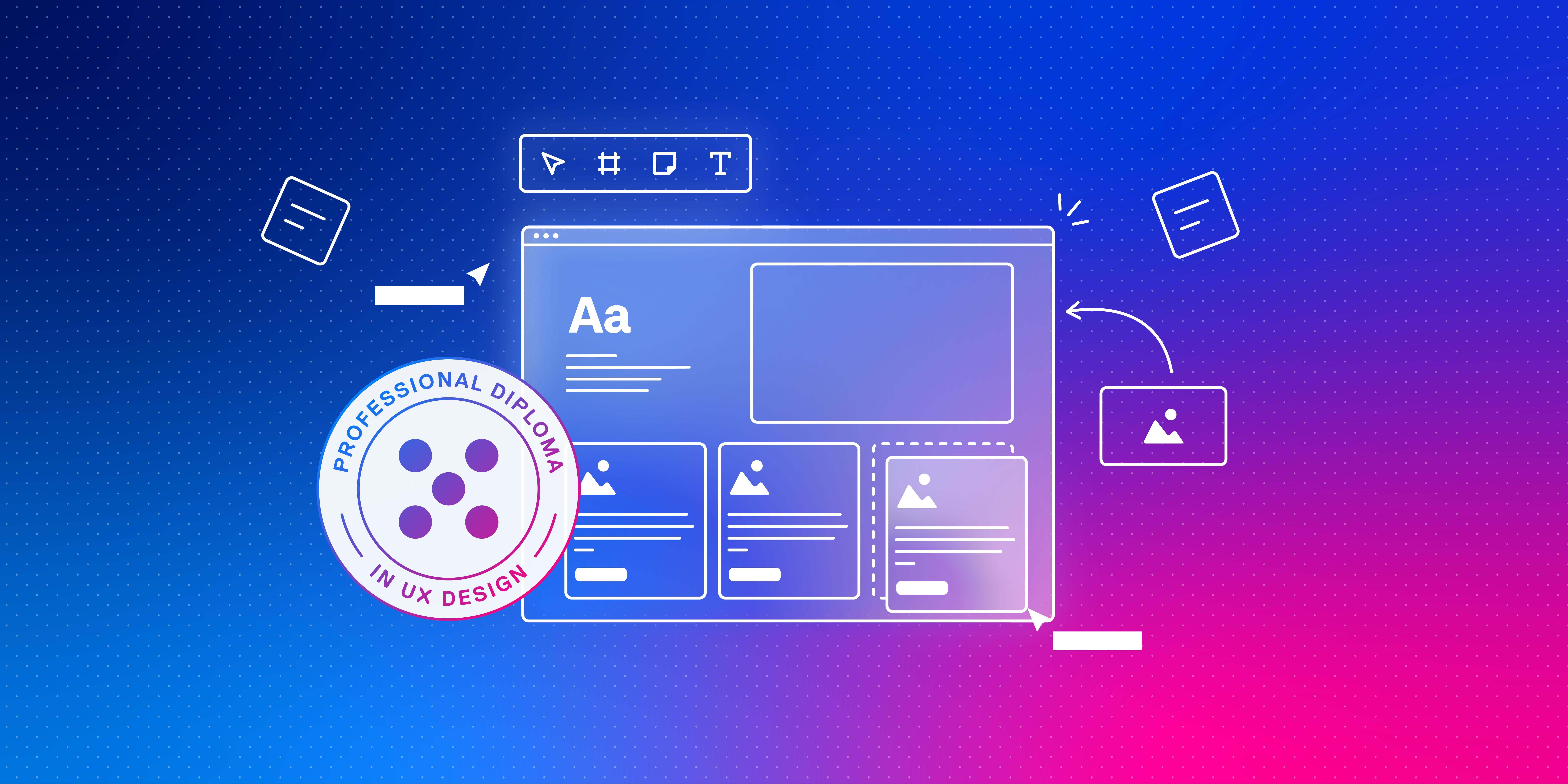 Website wireframe with UI elements, icons, text samples, and a Professional Diploma in UX Design badge.