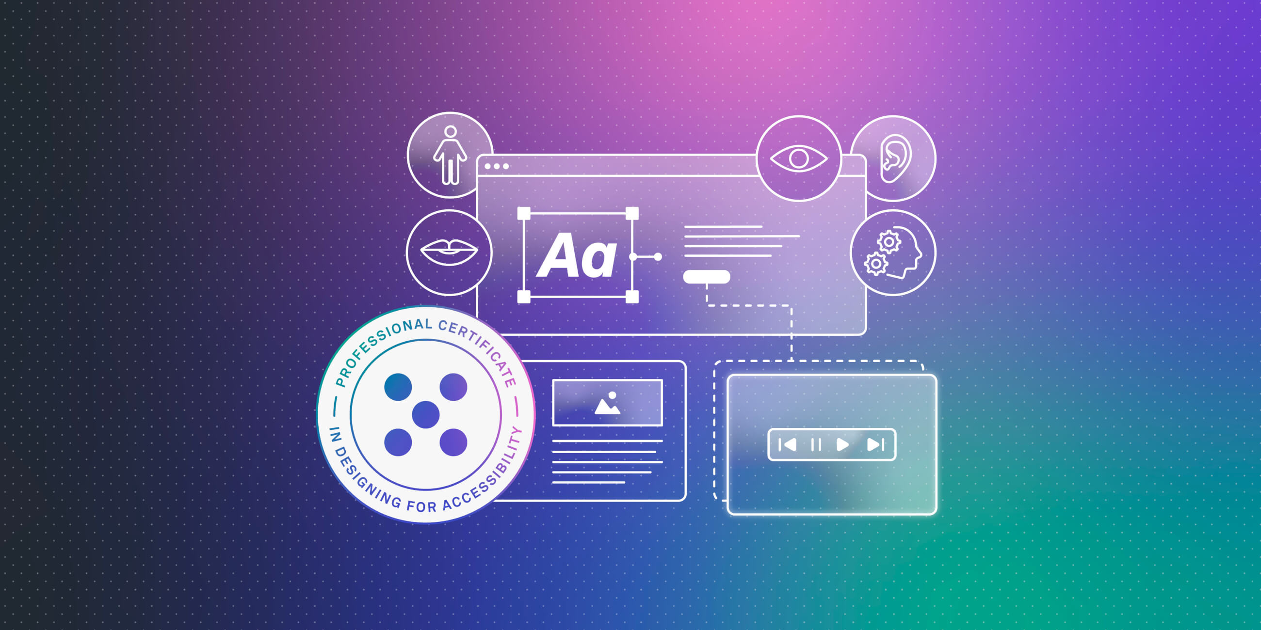 Graphic showing accessibility icons plus a badge labeled Professional Certificate in Designing for Accessibility.
