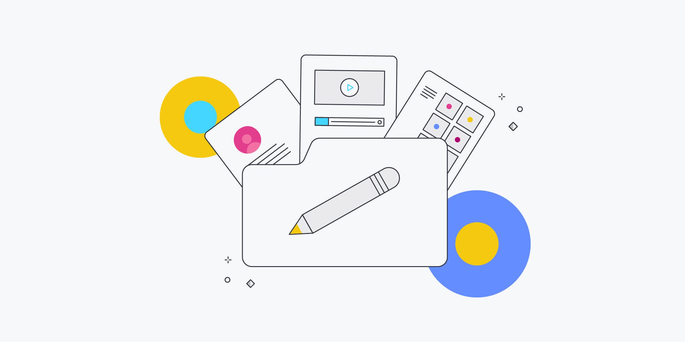 Illustration of a folder with a pencil icon, surrounded by multimedia elements like images, video player and documents.