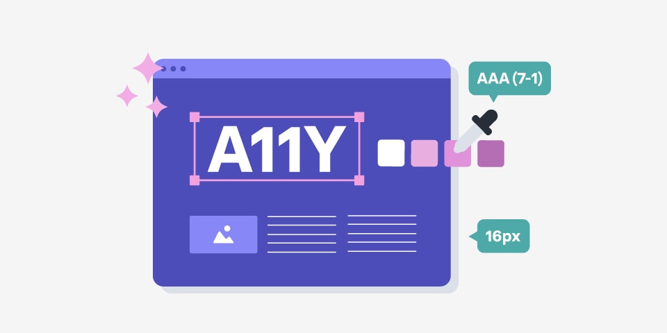 A web design interface highlighting accessibility controls with contrast checks, a colour picker, and text size labels.