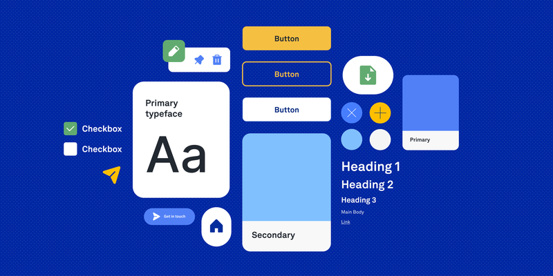 Illustration of design elements like checkboxes, buttons, typefaces, and color swatches.