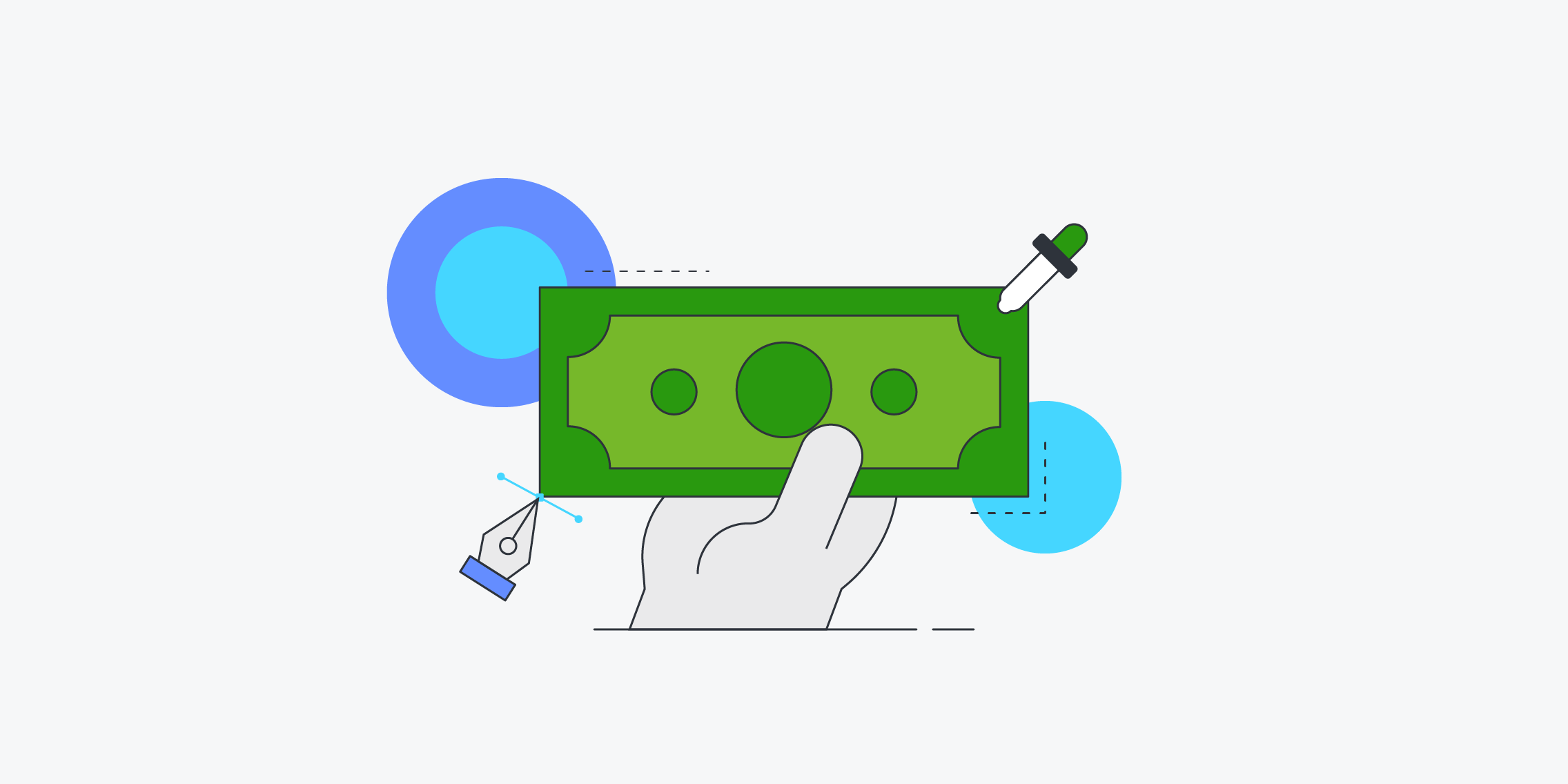 Illustration of a hand holding money with an eye and a pen tool on the sides of the bill.