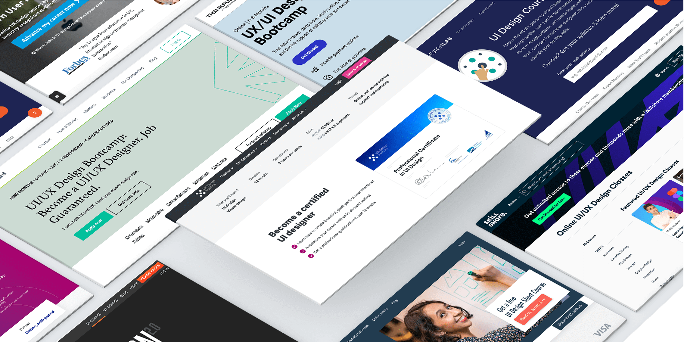 Floating screens displaying homepage designs from different companies offering UX courses.