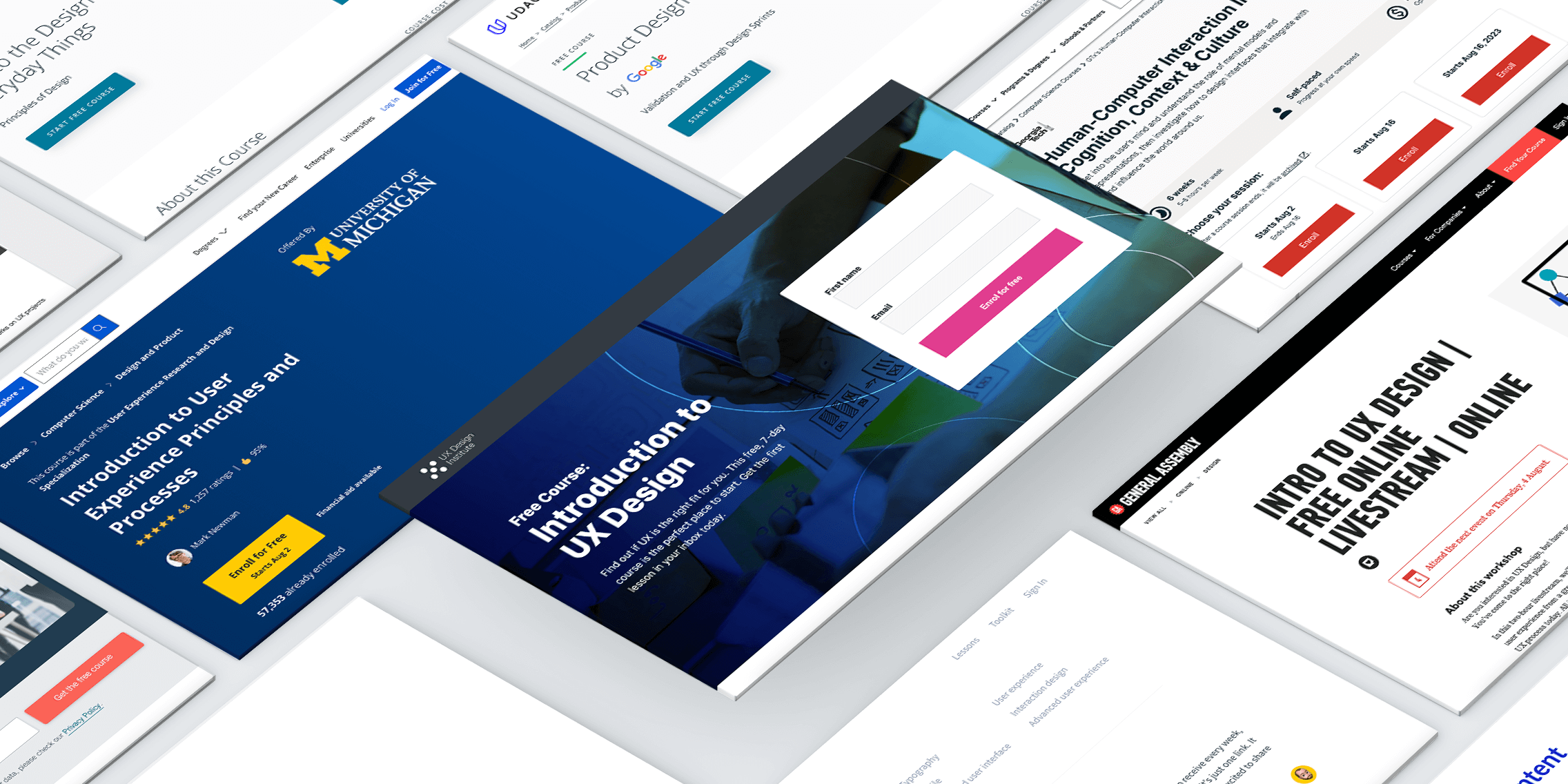 Floating screens displaying eight top-rated UX design courses.