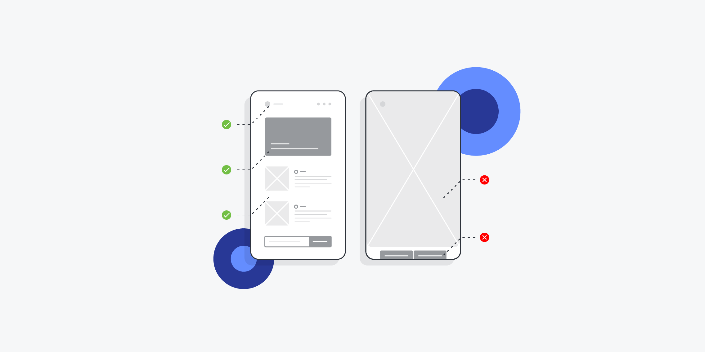 Illustration comparing two mobile interfaces. One with accessible, well-structured design and one with usability issues