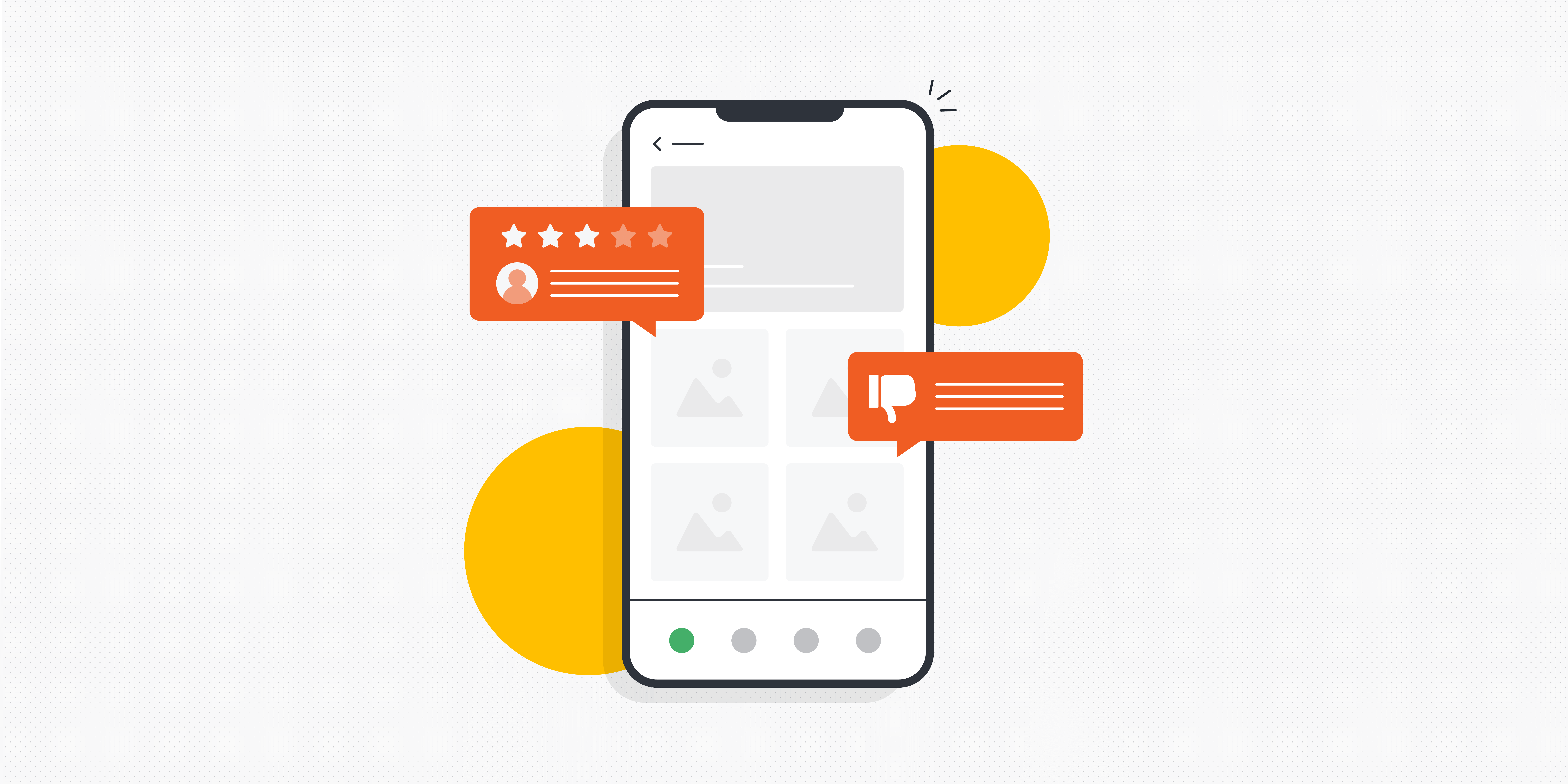 Illustration of a phone with user feedback pop-ups beside it.