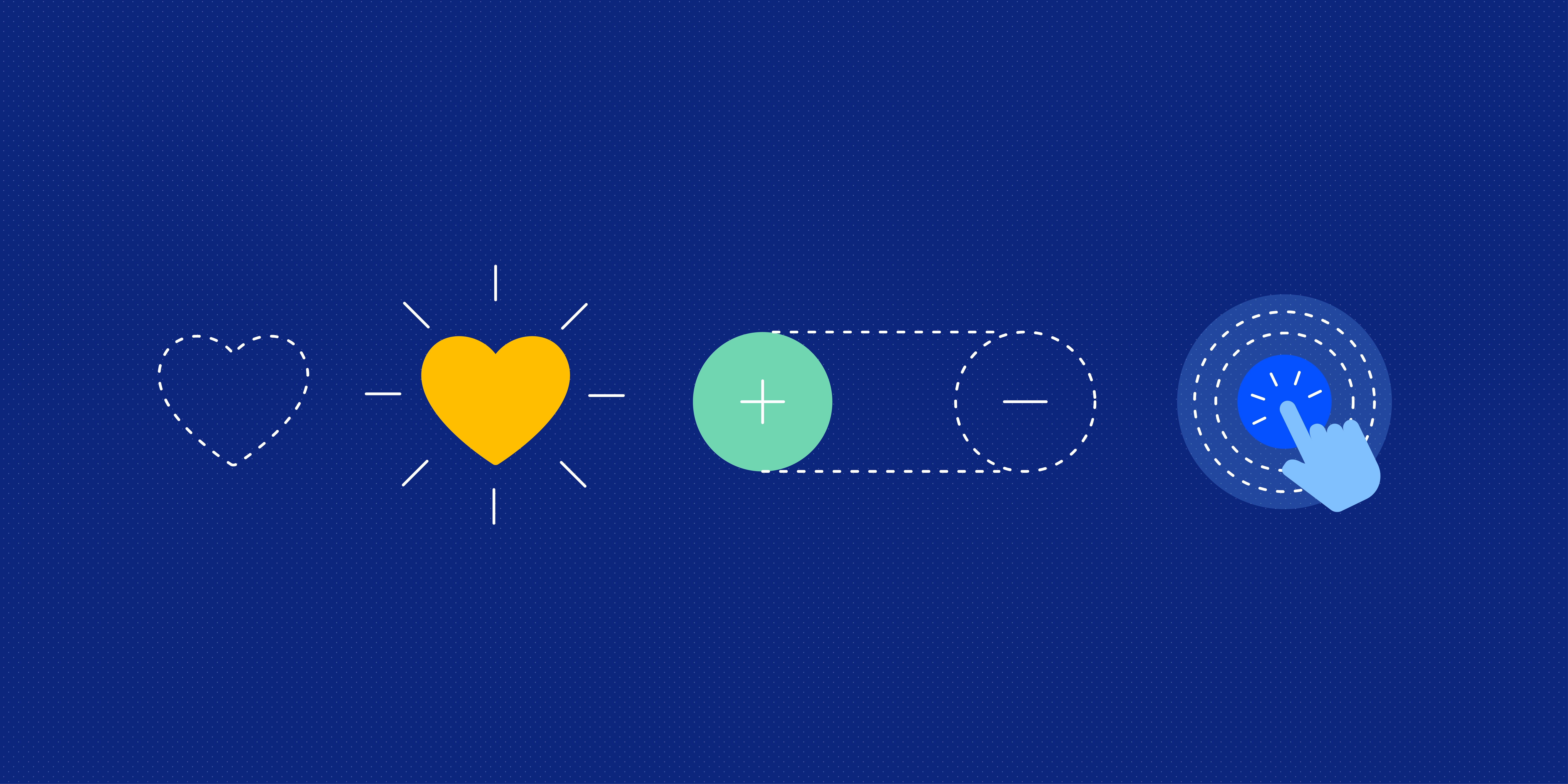 Illustration of micro interactions: outlined heart, glowing heart, plus-minus toggle, and button with finger.