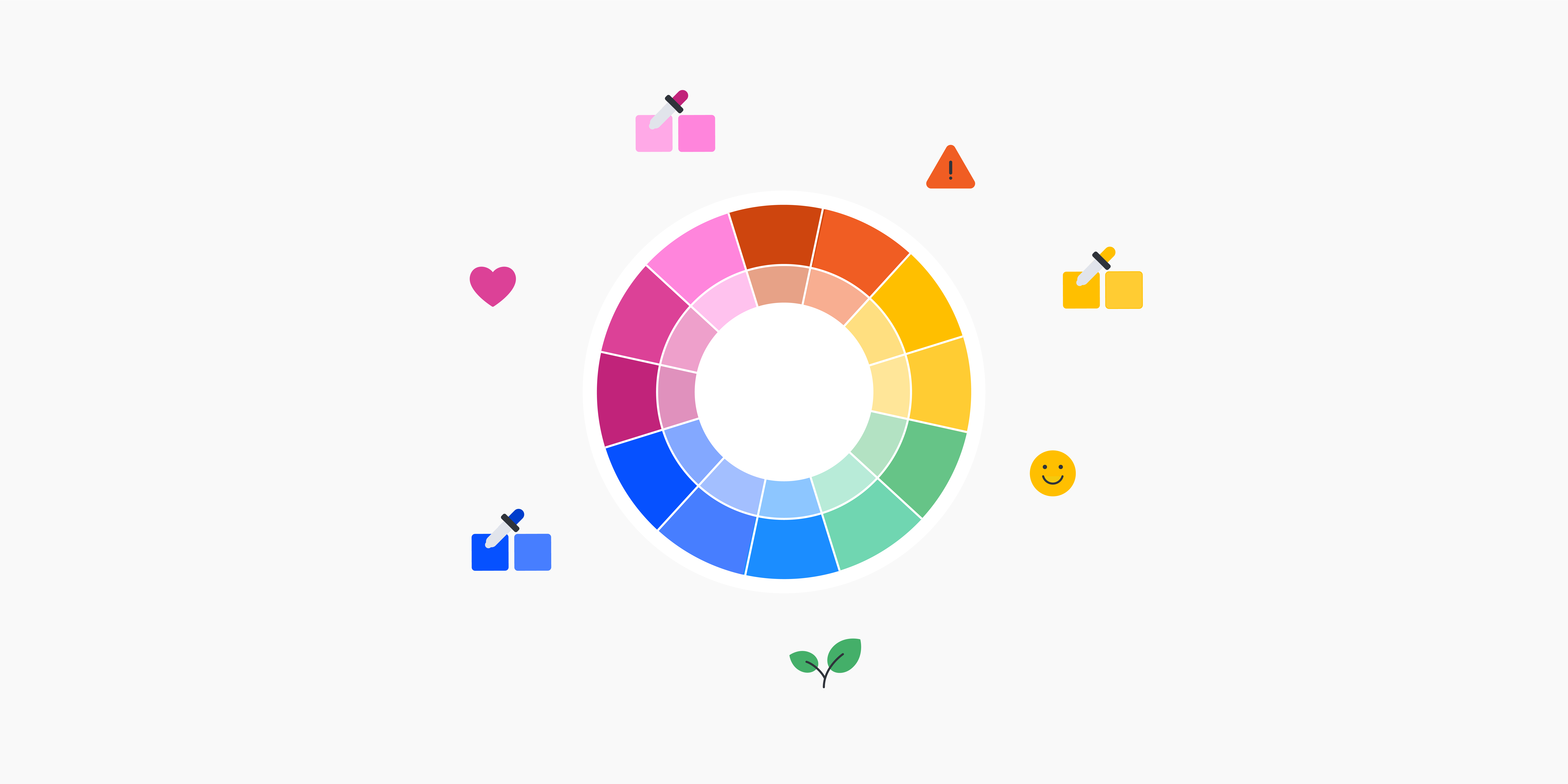 Color wheel surrounded by icons, each matching the color segment they are placed near.