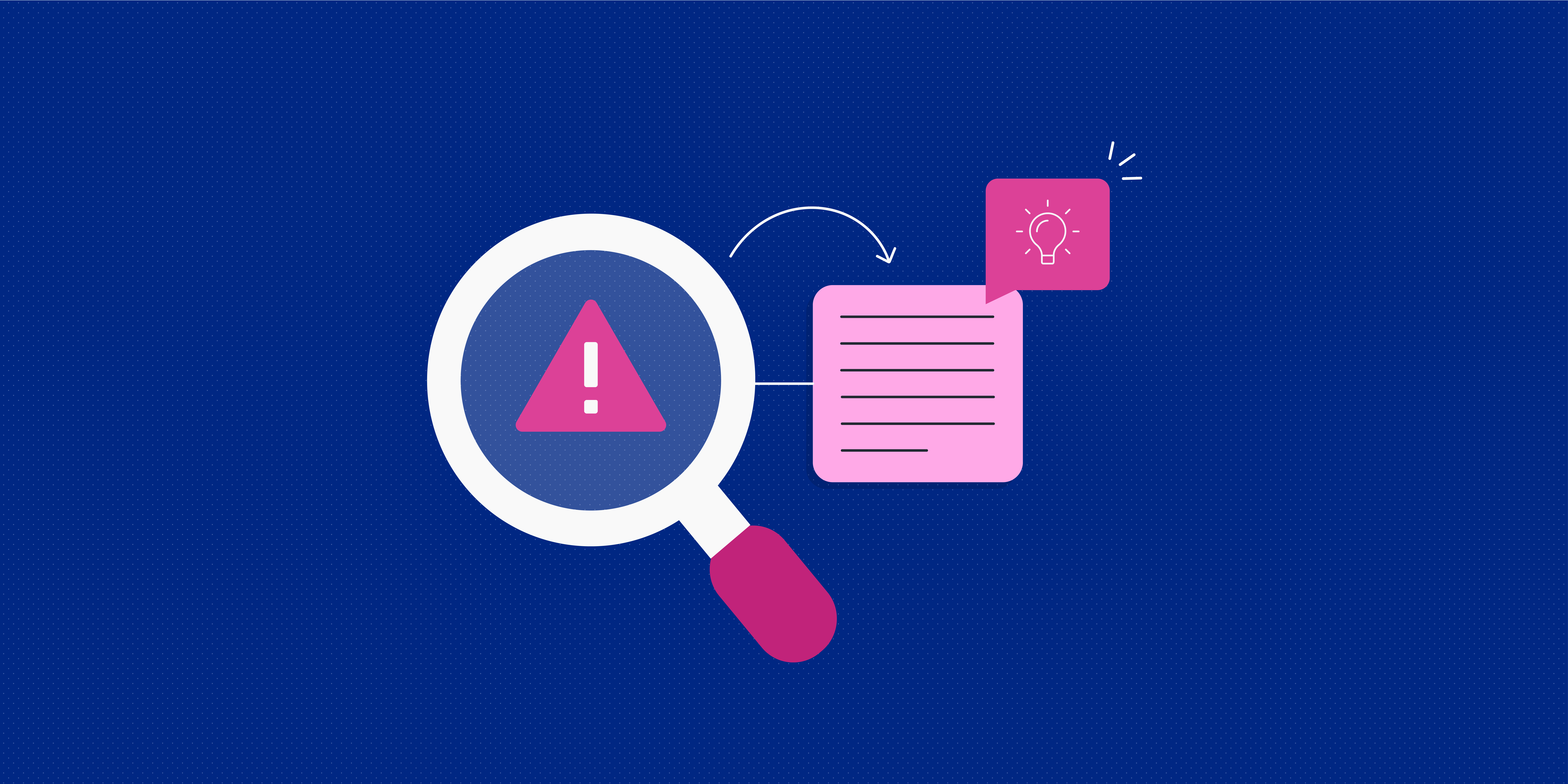 Magnifying glass with a exclamation mark pointing at a text document and lightbulb icon.