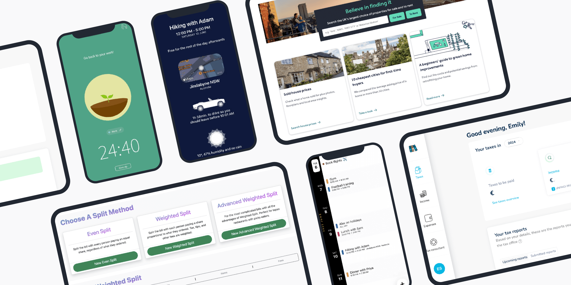 Multiple devices showing product design examples on screen.