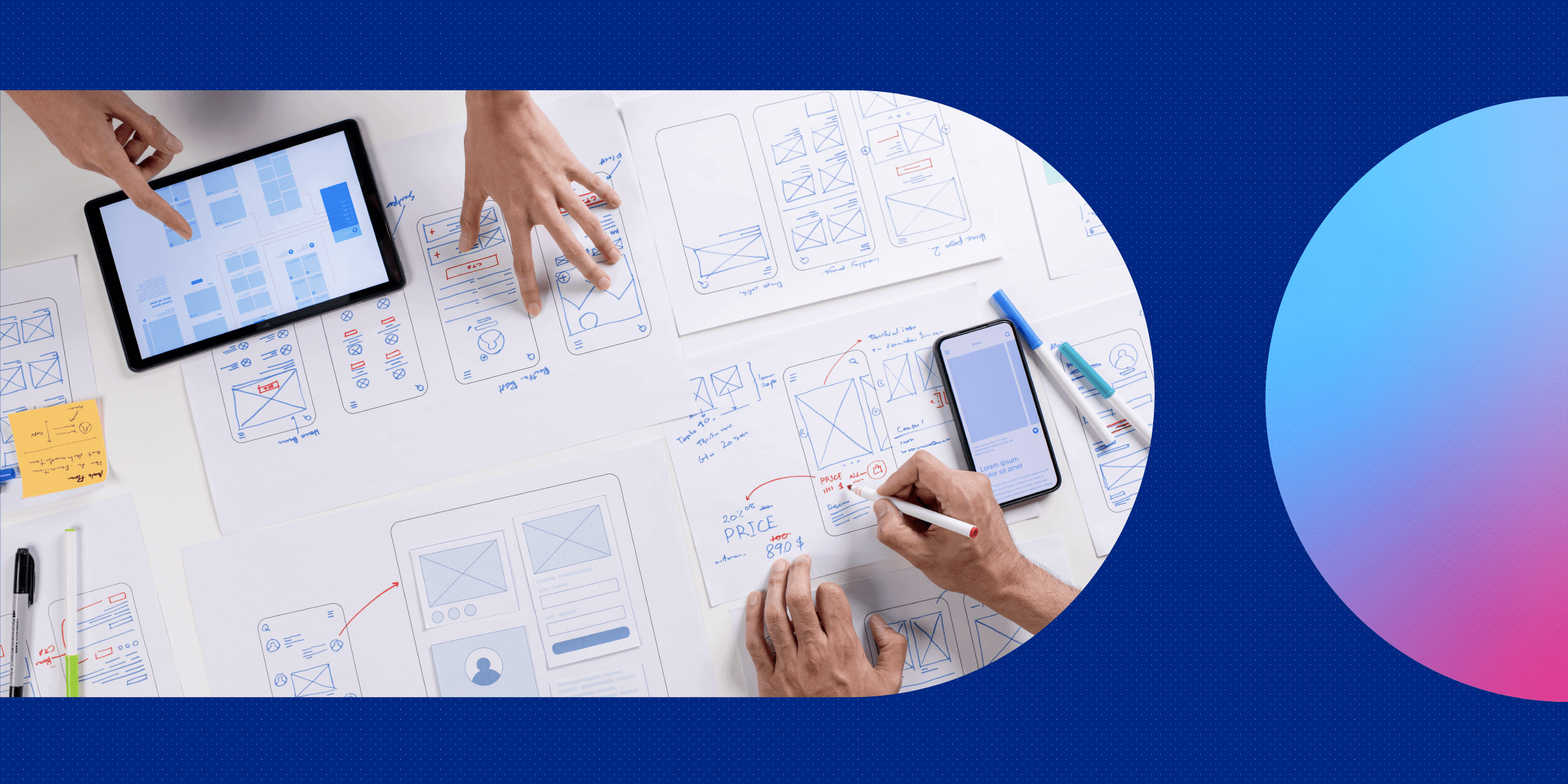 Two pairs of hands drawing and pointing at various types of mobile UX examples.