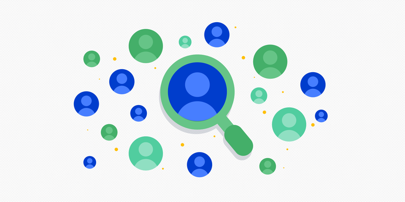 Illustration of user icons with one highlighted by a magnifying glass.