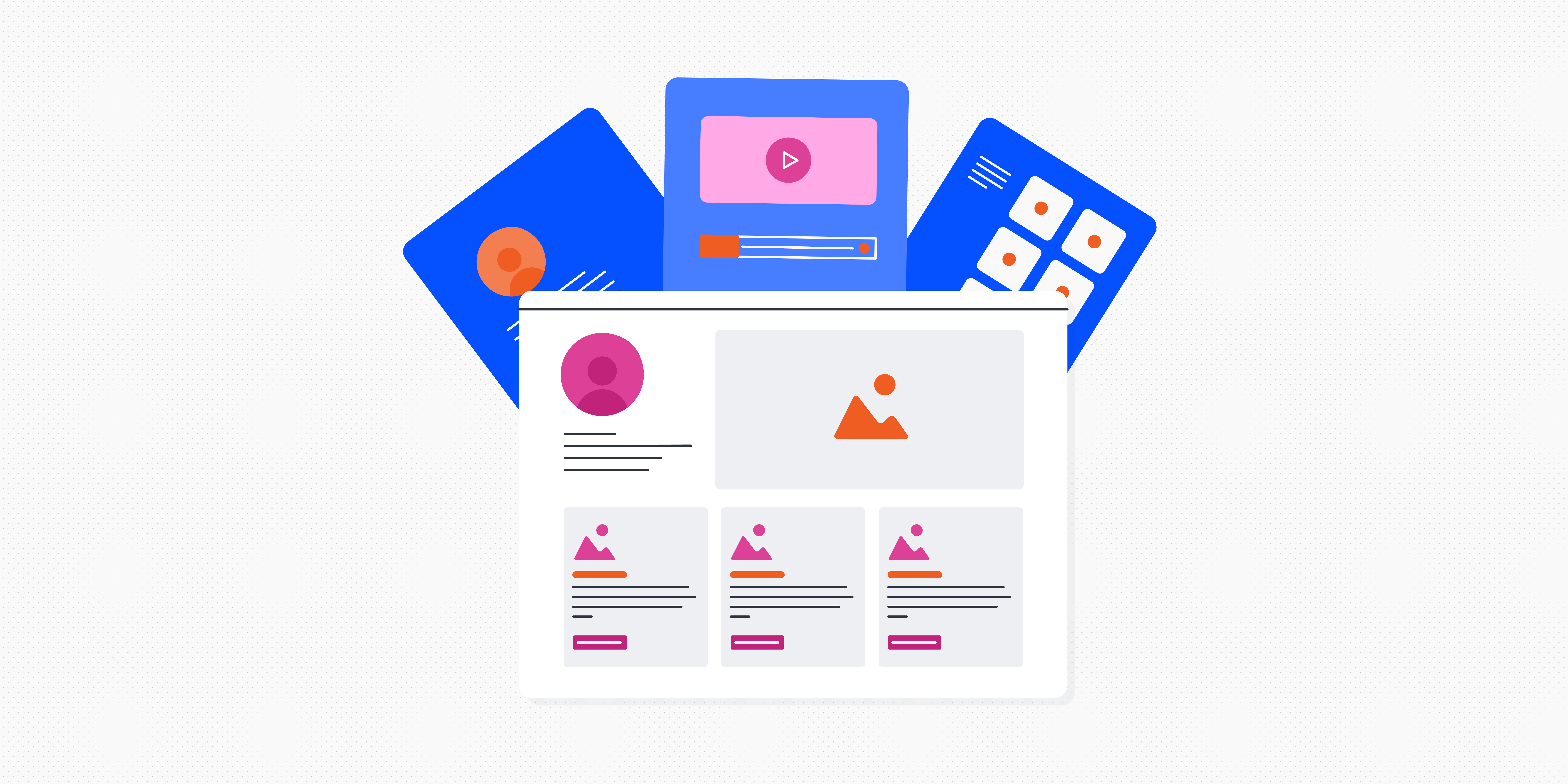 Illustration of a computer screen with layered pop-ups in the background, showcasing a UX writing portfolio interface.