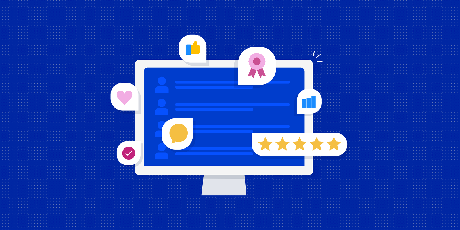 Illustration of a computer screen surrounded by icons representing review and feedback, such as stars, speech bubbles, and checkmarks.