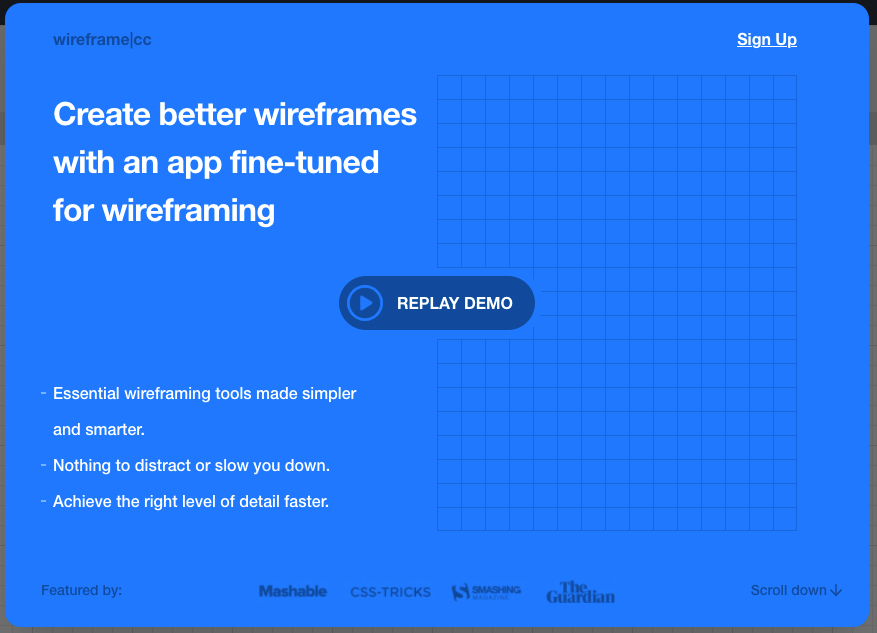 Wireframe.cc wireframing tool's homepage