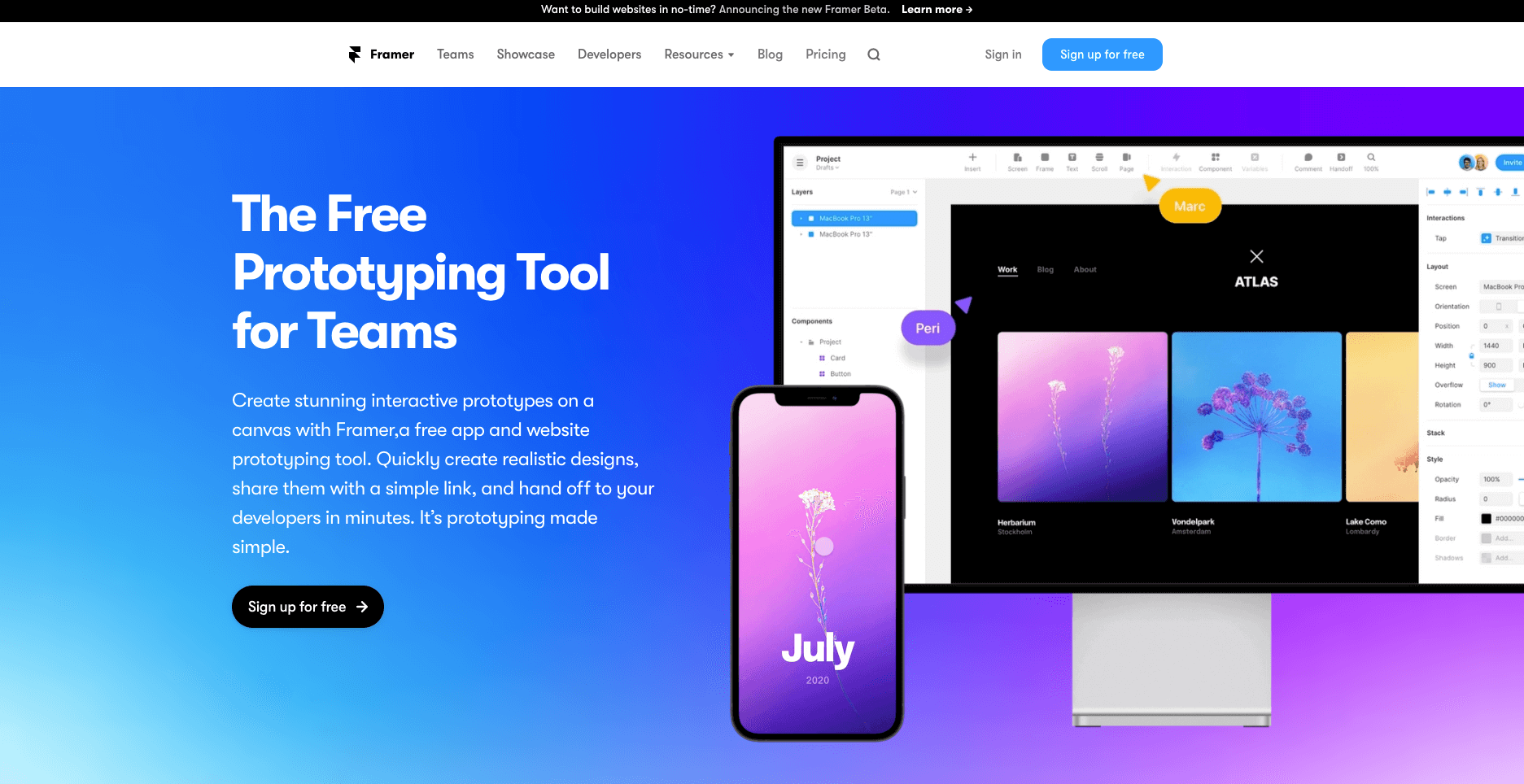 Framer UX prototyping tool's main website