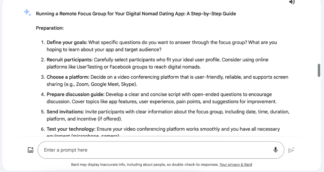  prompt asking for guidance on conducting a focus group research remotely.