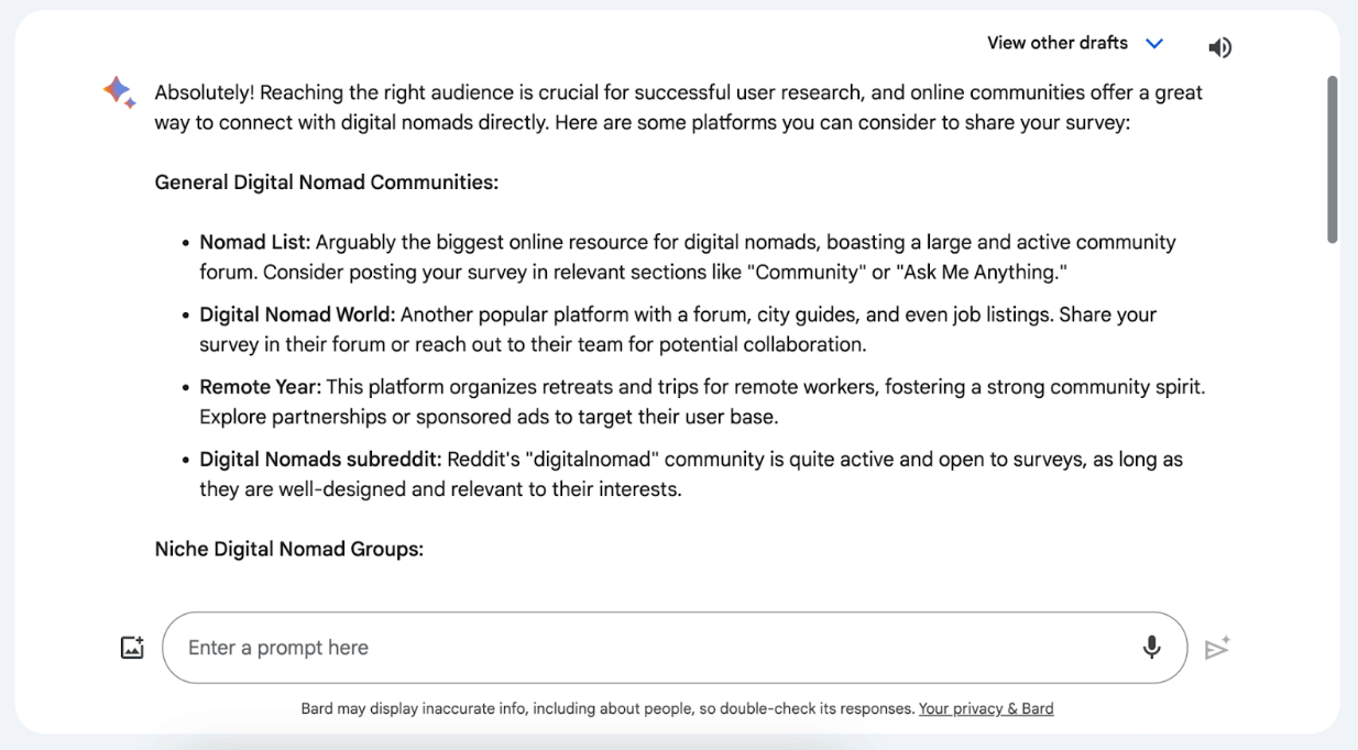 Screenshot of Gemini responding to a research-related prompt