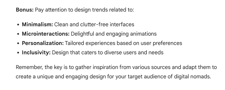 Screenshot of Bard/Gemini AI responding to design inspiration request
