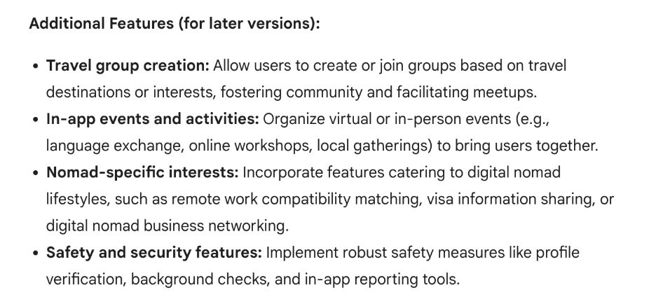 Screenshot of Bard/Gemini AI responding to product feature list request