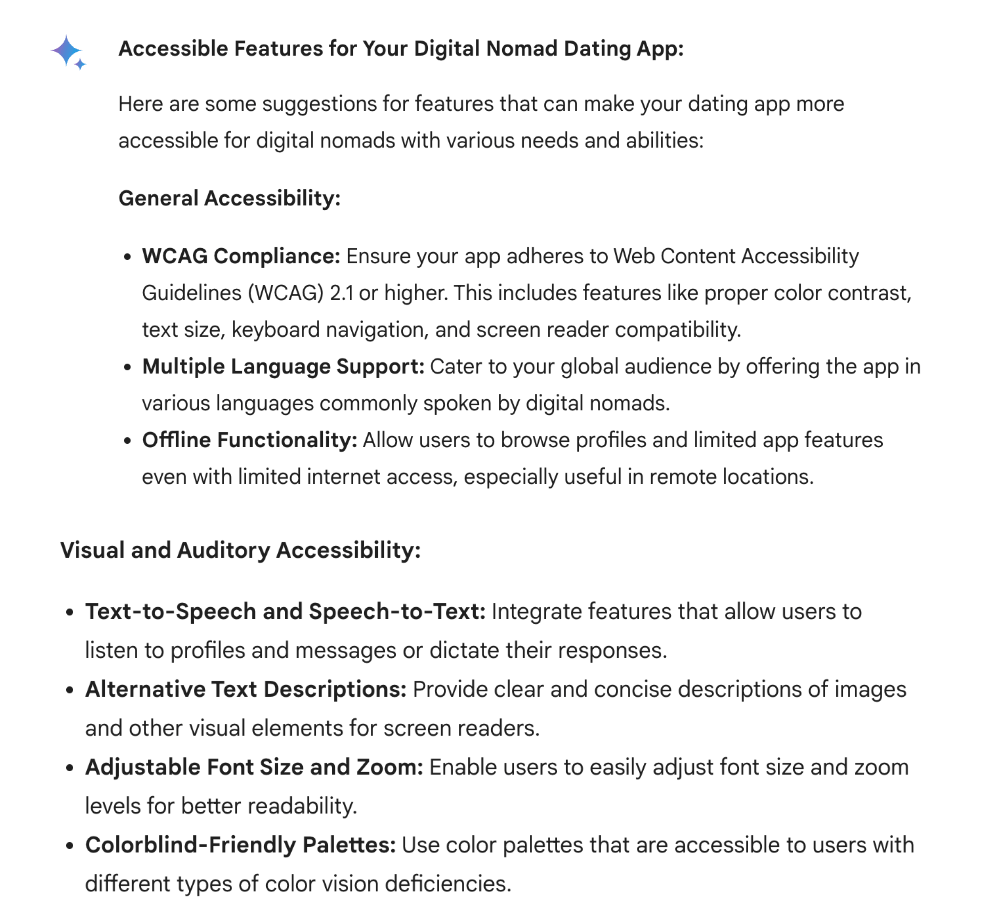 Screenshot of Bard/Gemini AI responding to inclusive design request
