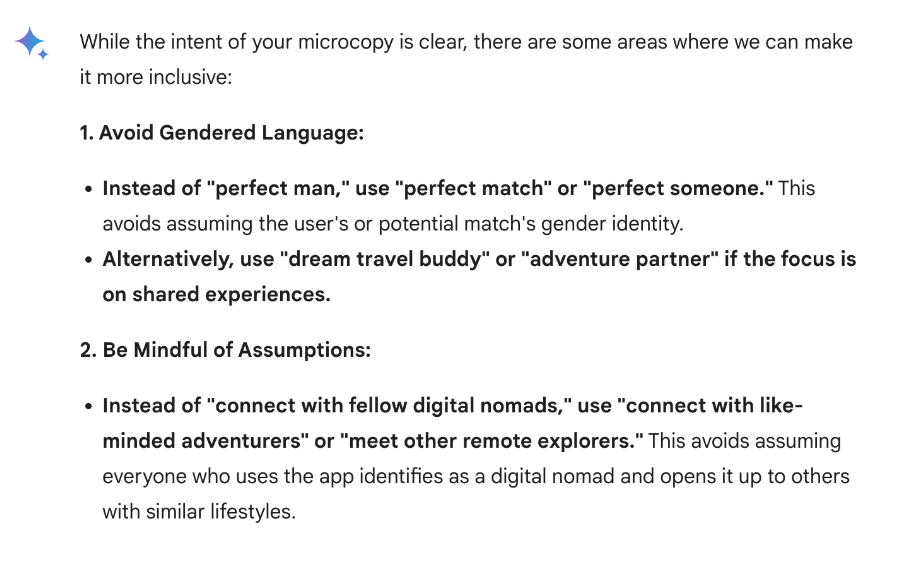 Screenshot of Bard/Gemini AI responding to inclusive micro copy request