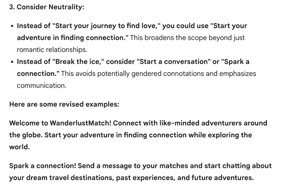 Screenshot of Bard/Gemini AI responding to inclusive micro copy request