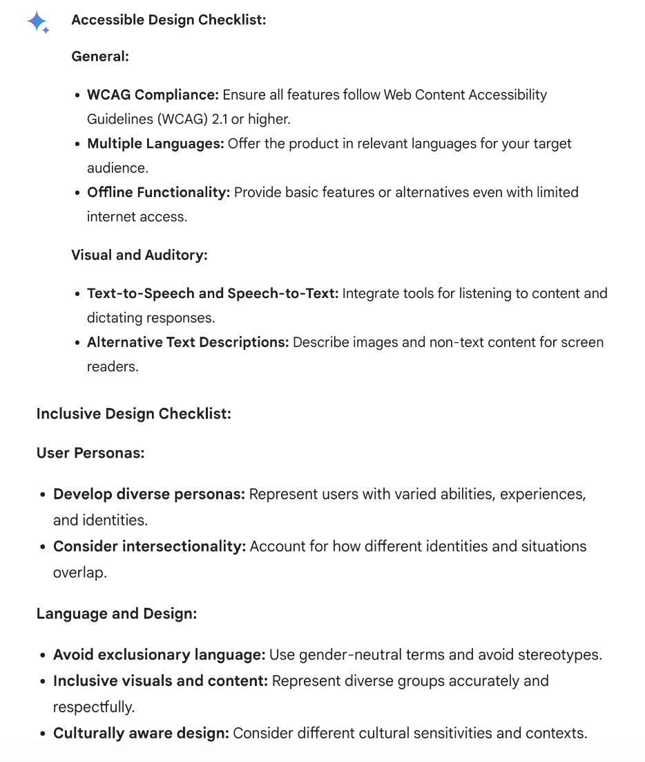 Bard responding to accessible and inclusive design process checklist request 