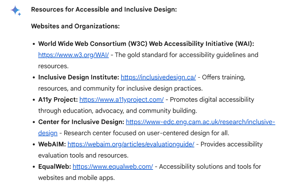 AI responding to accessible and inclusive design resources request 