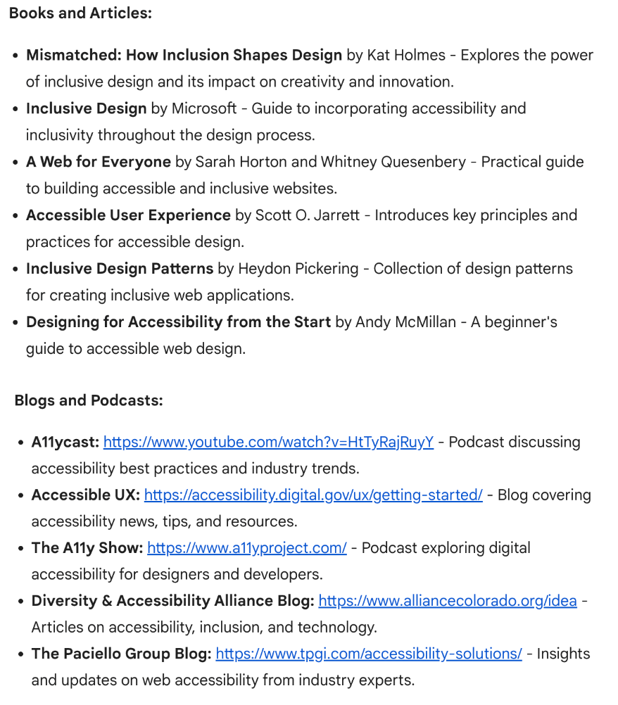 AI responding to accessible and inclusive design resources request 