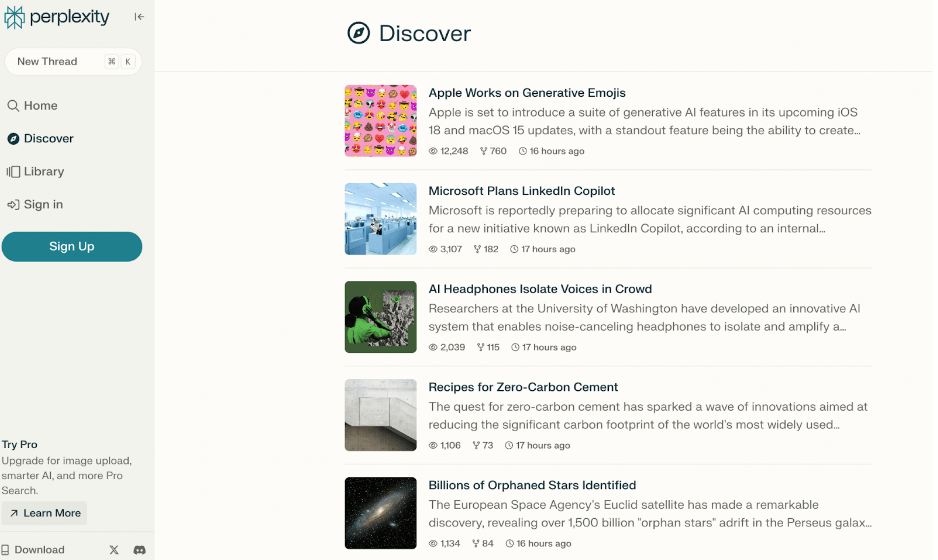 Perplexity AI showing the Discover feature