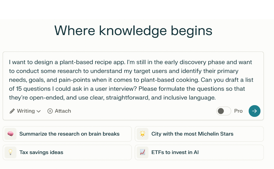 Perplexity AI showing how to generate relevant research questions