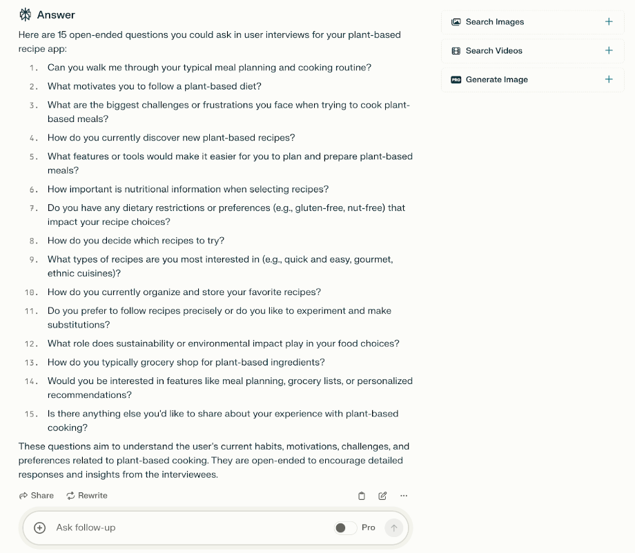 Perplexity AI showing the output for generating research questions