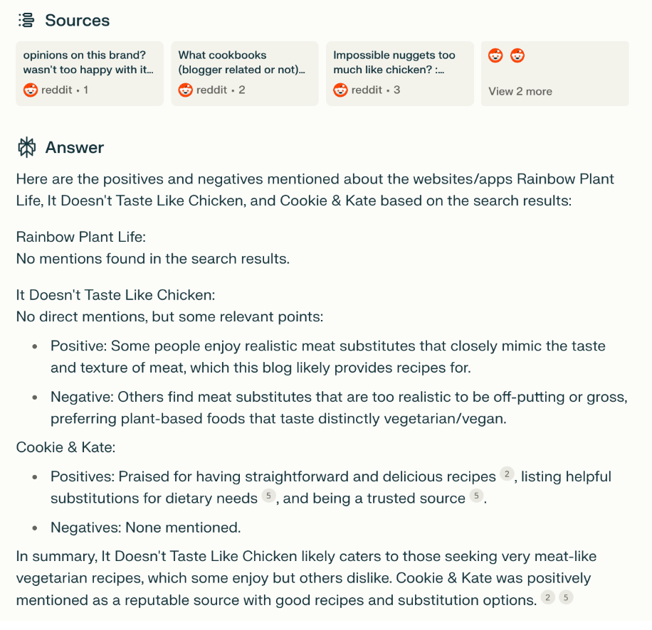 Perplexity AI showing an analysis of user reviews sourced from Reddit