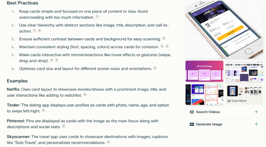 Perplexity AI showing output for card design examples