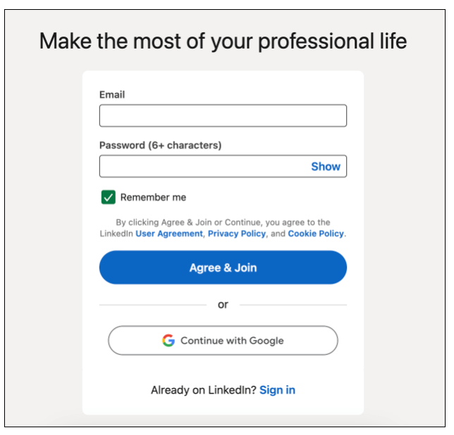 Screenshot of LinkedIn account set up form