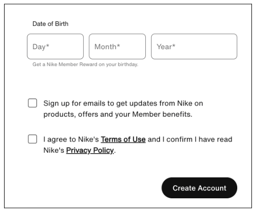 Screenshot of the Nike's website account set form