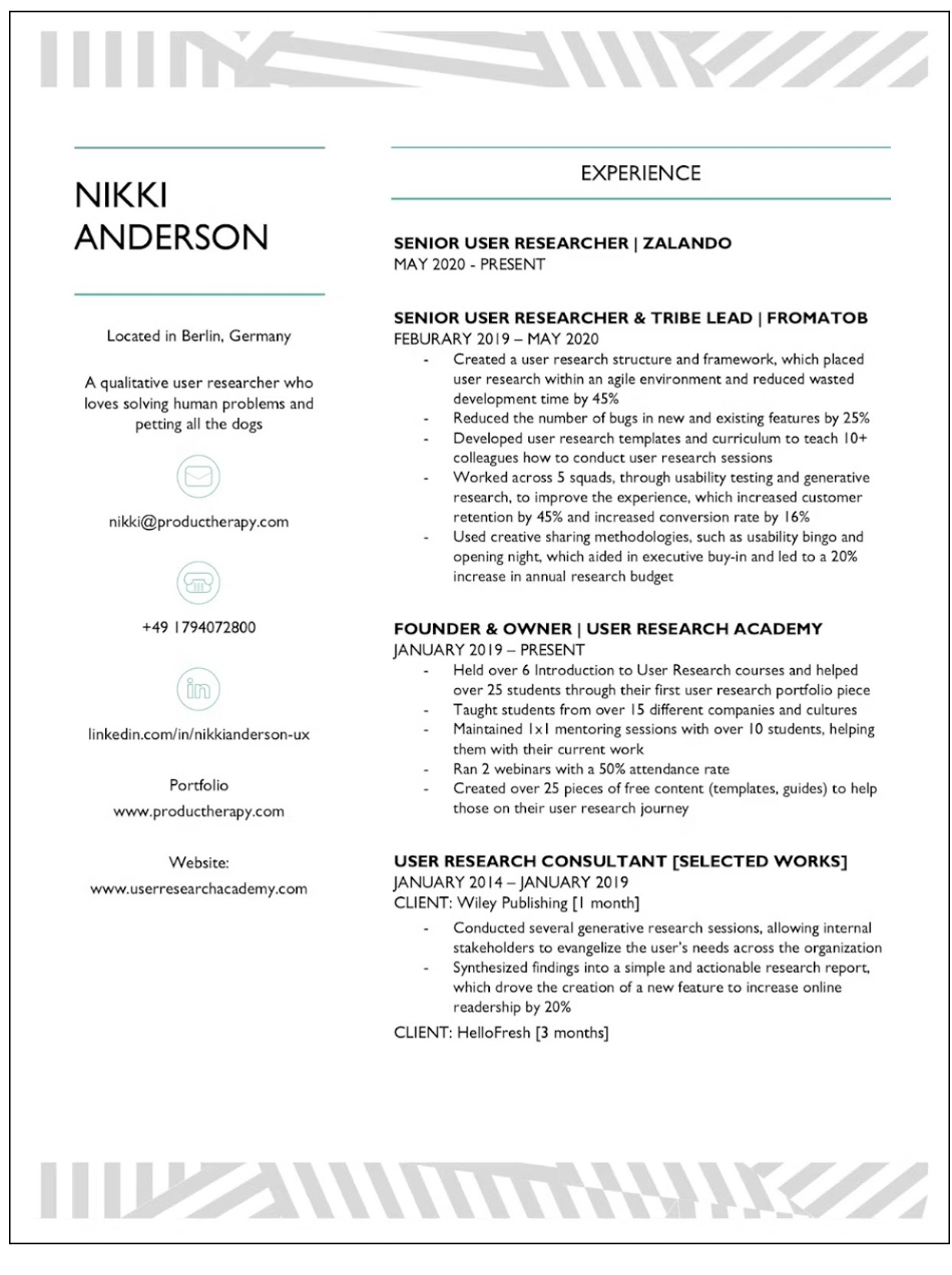 screenshot of CV template