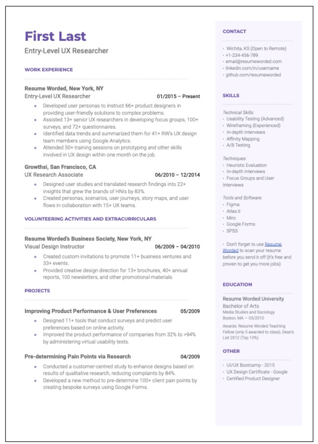screenshot of CV template